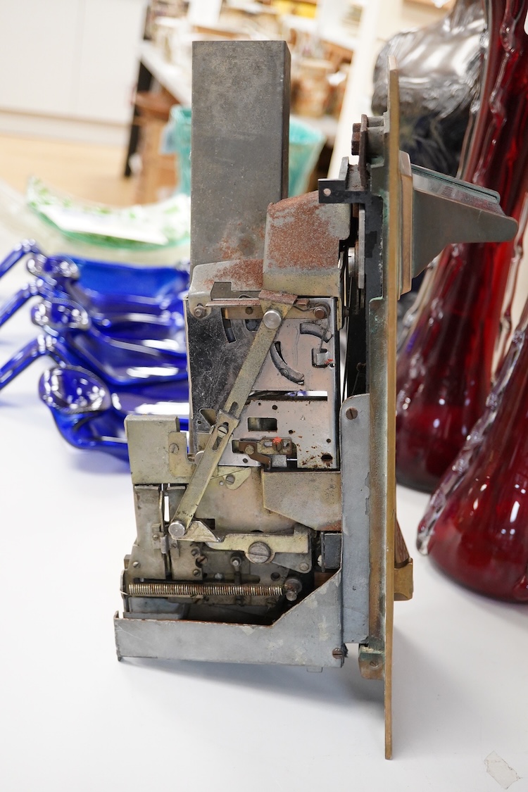 Brass wall mounted postage stamp machine, 40.5cm high